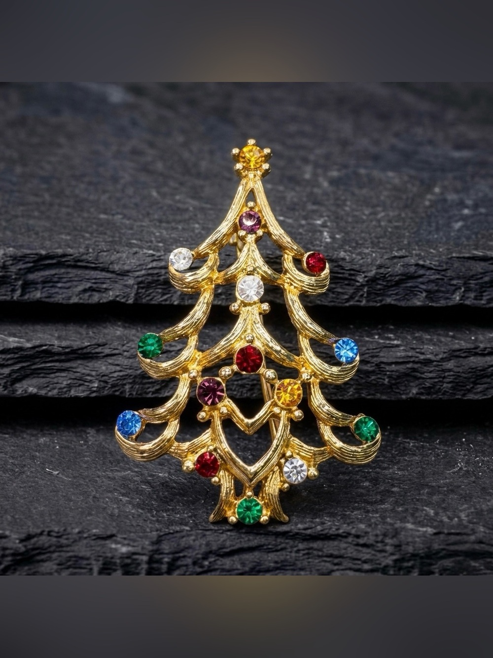 Vintage 80s Monet Openwork Multicolor Rhinestone Gold Tone Christmas Tree Brooch